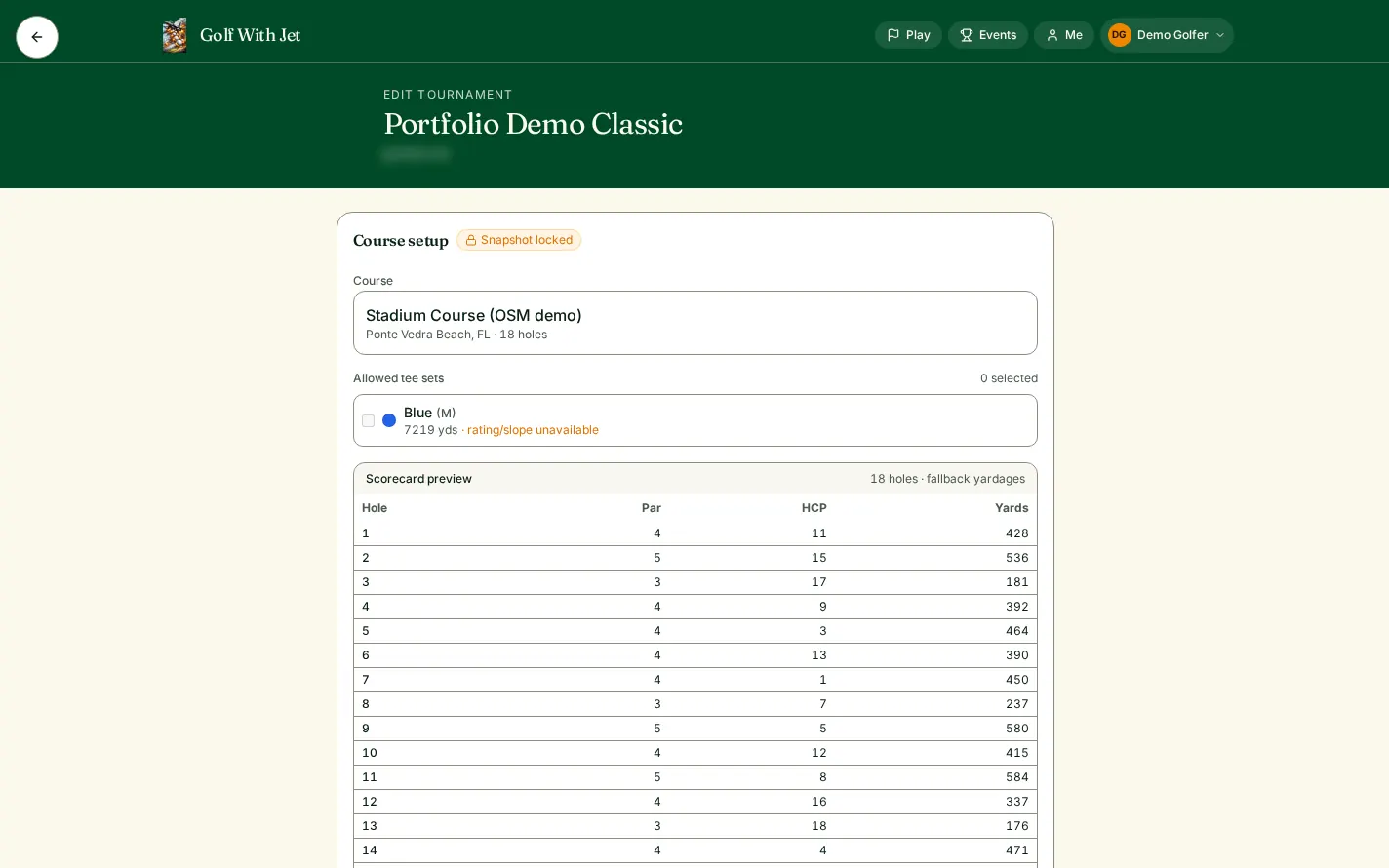 Tournament edit screen with course setup, tee selection and an 18-hole scorecard preview of par, handicap and yardage