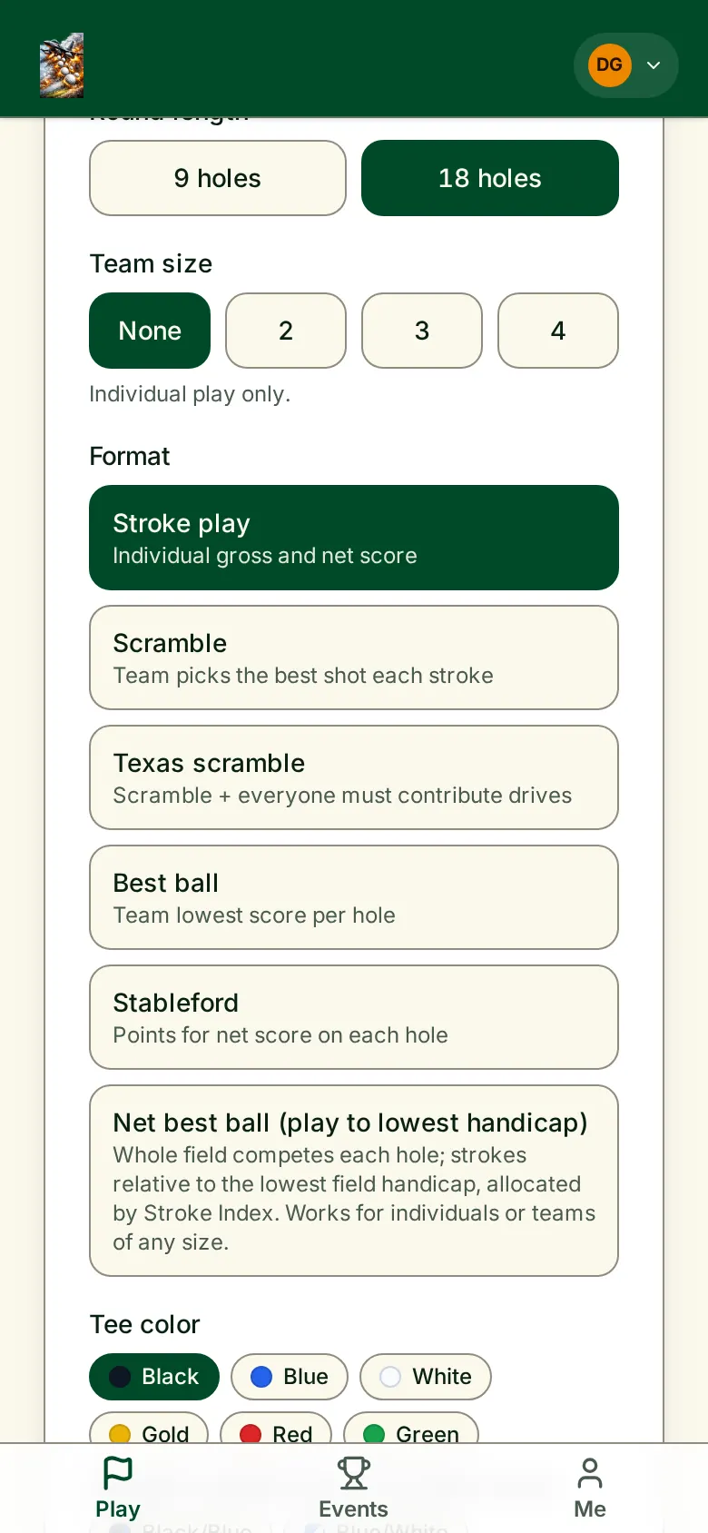 Create tournament form on mobile listing the six scoring formats and team size options