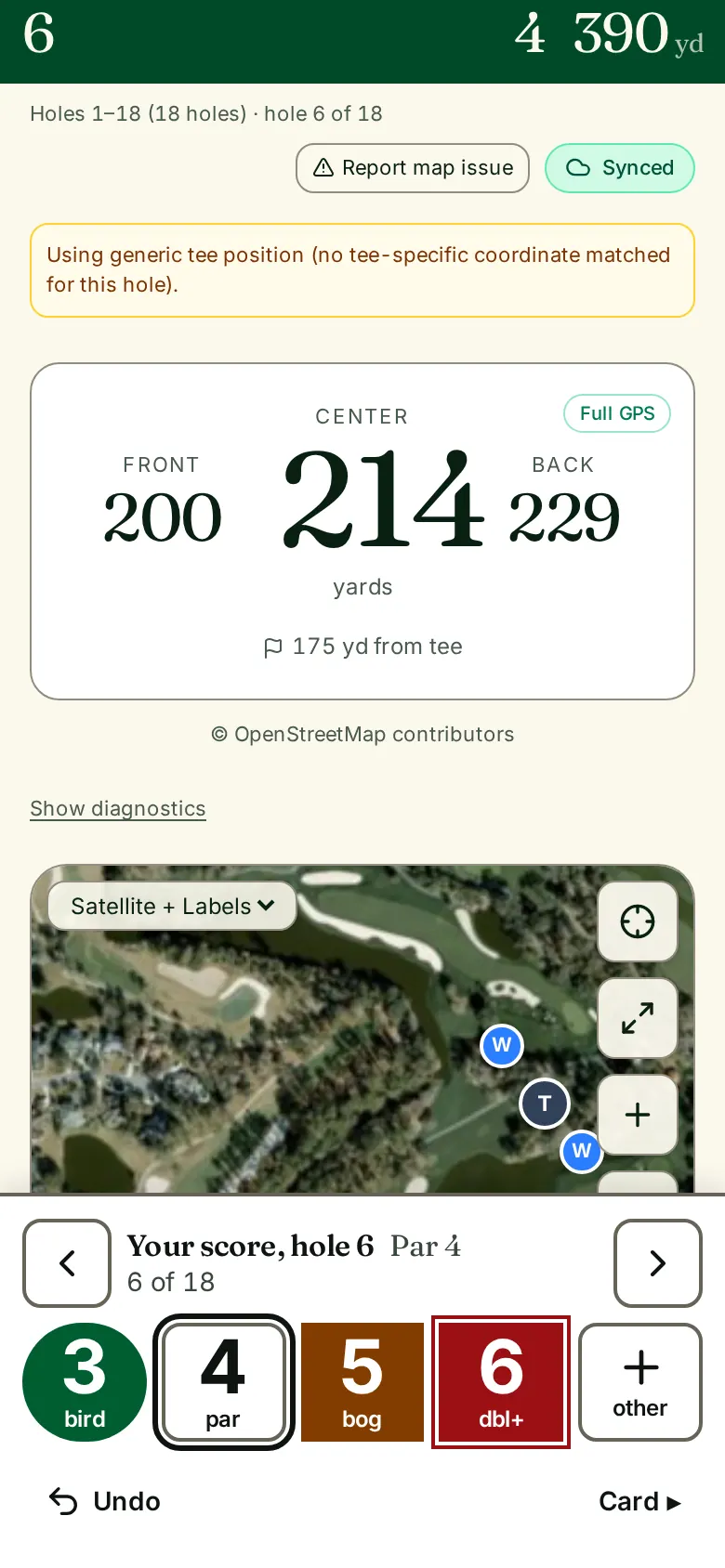 Live round on hole 6 showing 200 front, 214 center and 229 back yards to the green, with score buttons