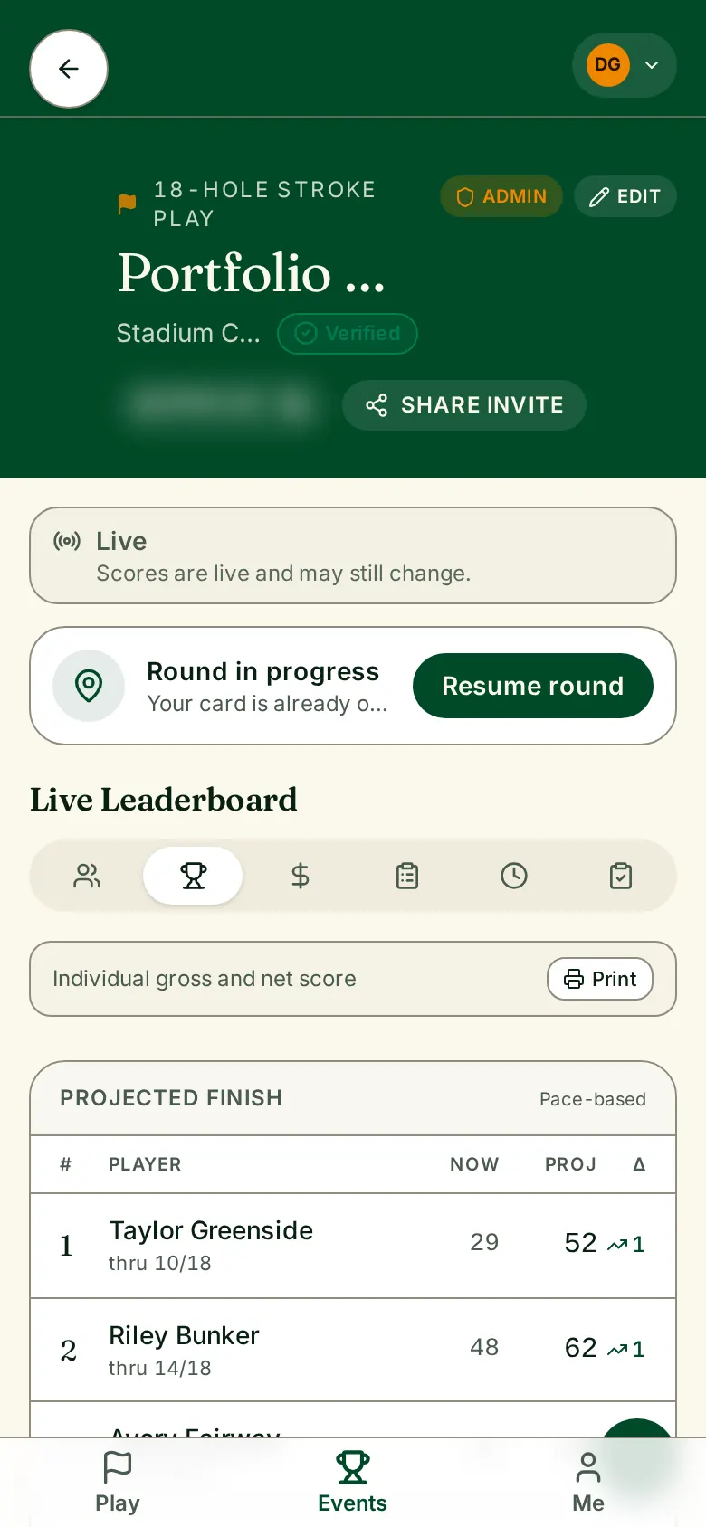Mobile live leaderboard listing players with holes played, score and projected finish