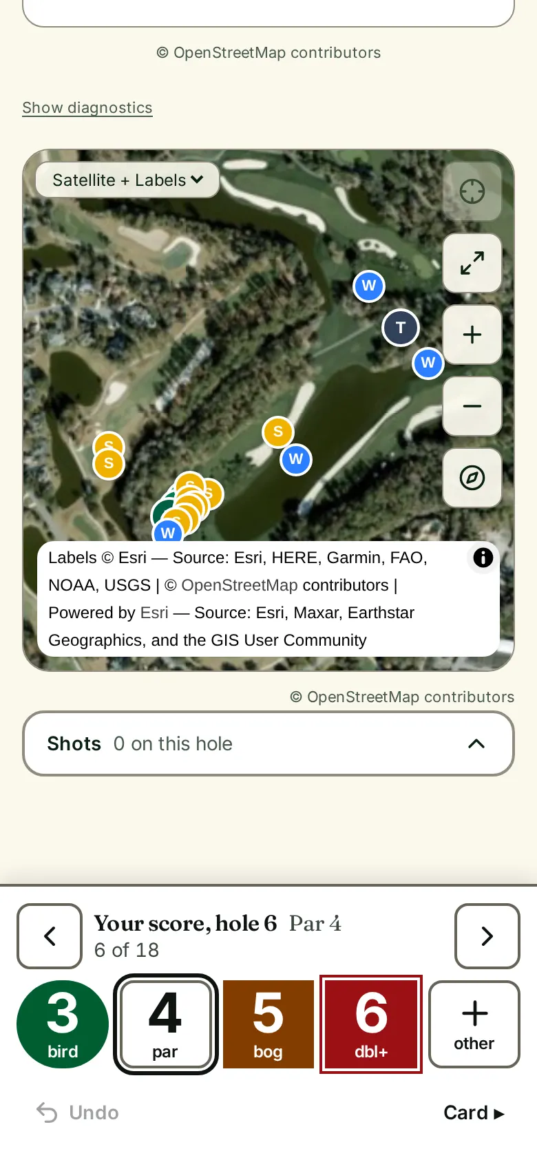 Satellite course map of a hole with tee, green and hazard markers and map controls