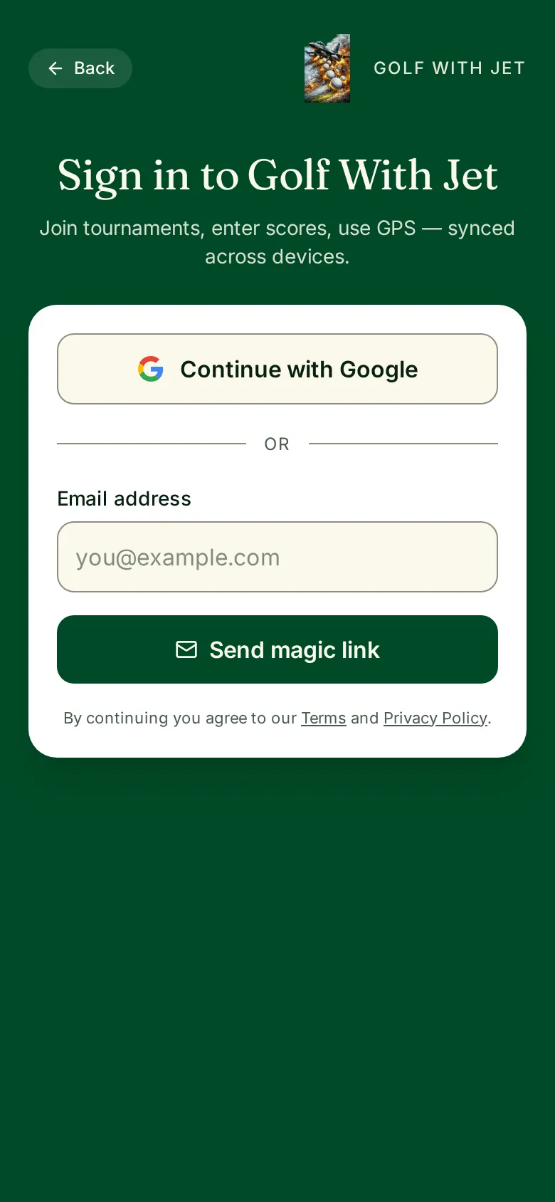 Golf With Jet mobile sign-in screen with Continue with Google and magic link options